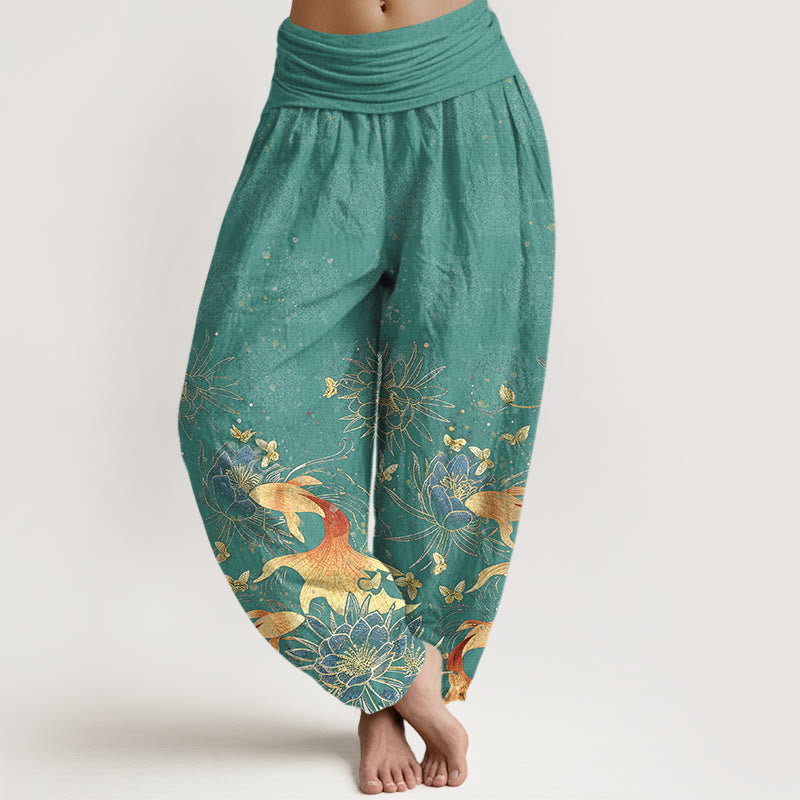 Buddha Stones Cotton Butterfly Koi Fish Lotus Pattern Women's Elastic Waist Harem Pants - CadetBlue - US16，UK/AU20，EU48 (3XL) - image 5