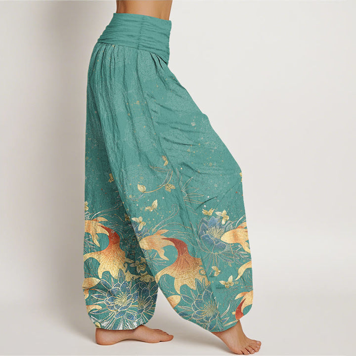 Buddha Stones Cotton Butterfly Koi Fish Lotus Pattern Women's Elastic Waist Harem Pants - image 6