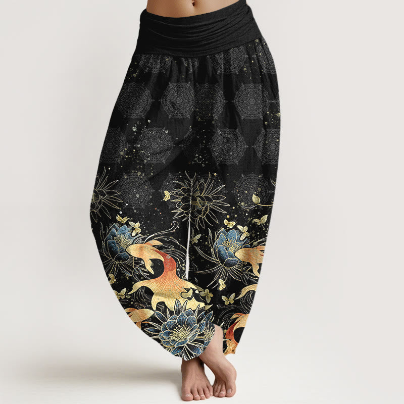 Buddha Stones Cotton Butterfly Koi Fish Lotus Pattern Women's Elastic Waist Harem Pants - Black - US16，UK/AU20，EU48 (3XL) - image 8