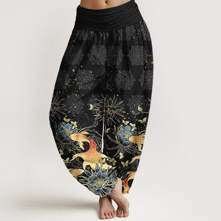 Buddha Stones Cotton Butterfly Koi Fish Lotus Pattern Women's Elastic Waist Harem Pants - Black - US16，UK/AU20，EU48 (3XL) - image 8