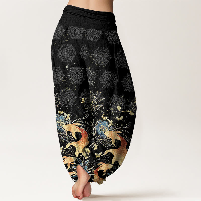 Buddha Stones Cotton Butterfly Koi Fish Lotus Pattern Women's Elastic Waist Harem Pants - image 10