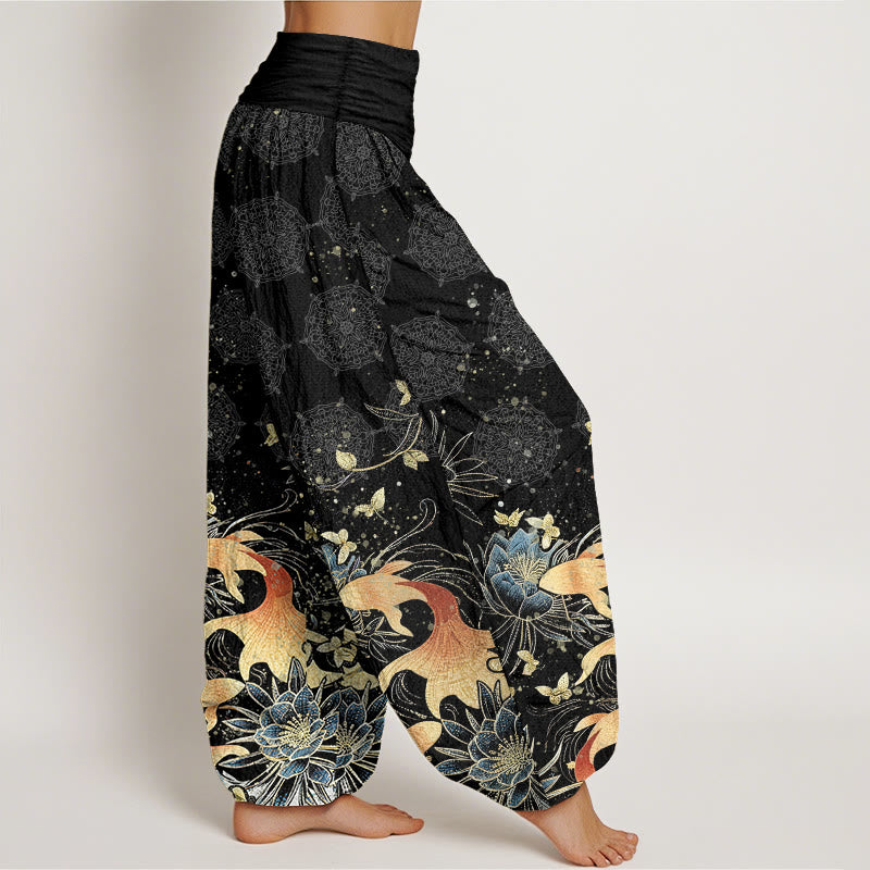 Buddha Stones Cotton Butterfly Koi Fish Lotus Pattern Women's Elastic Waist Harem Pants - image 9