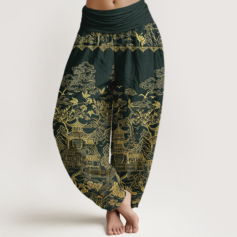 Buddha Stones Cotton Classical Architecture Landscape Animal Auspicious Clouds Pattern Women's Elastic Waist Harem Pants - DarkSlateGray - US16，UK/AU20，EU48 (3XL) - image 0