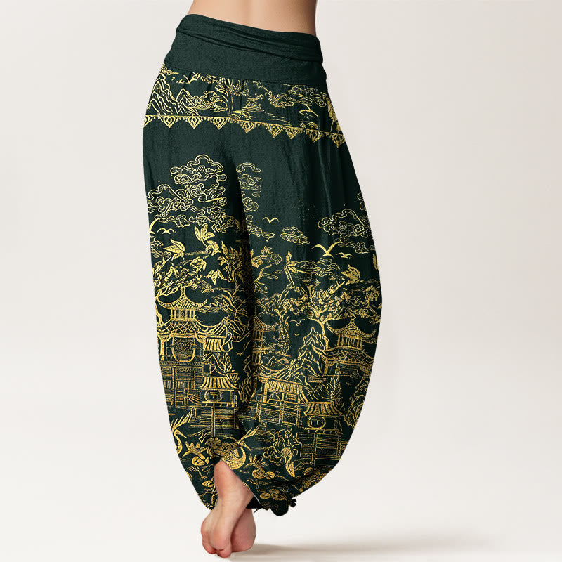 Buddha Stones Cotton Classical Architecture Landscape Animal Auspicious Clouds Pattern Women's Elastic Waist Harem Pants - image 2