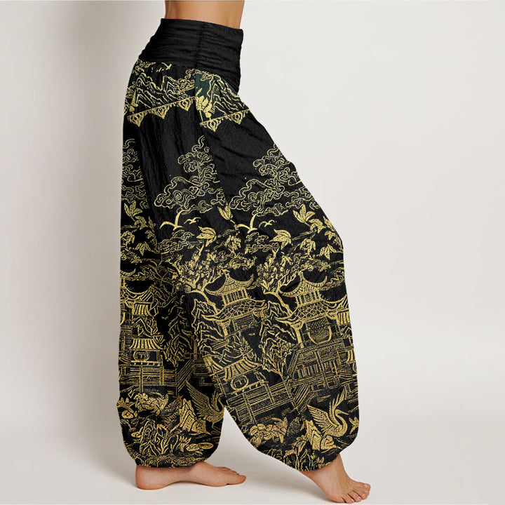 Buddha Stones Cotton Classical Architecture Landscape Animal Auspicious Clouds Pattern Women's Elastic Waist Harem Pants - image 9