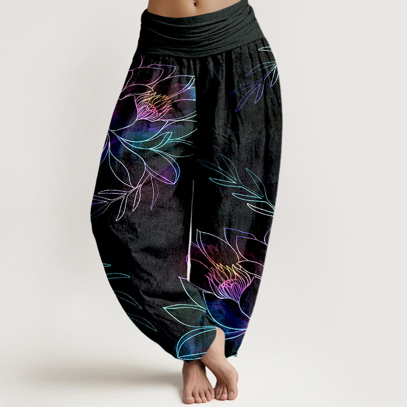 Buddha Stones Cotton Neon Lotus Branches Pattern Women's Elastic Waist Harem Pants - Black - US16，UK/AU20，EU48 (3XL) - image 0