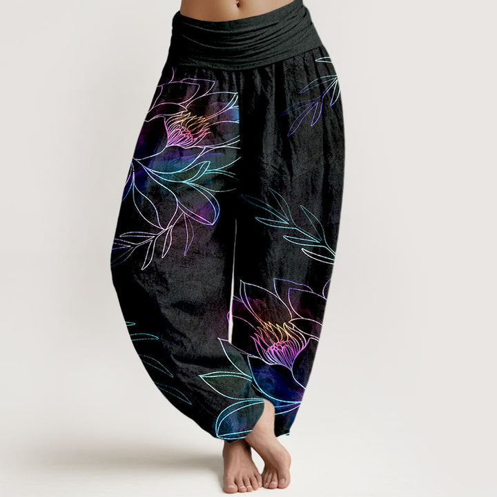 Buddha Stones Cotton Neon Lotus Branches Pattern Women's Elastic Waist Harem Pants - Black - US16，UK/AU20，EU48 (3XL) - image 0
