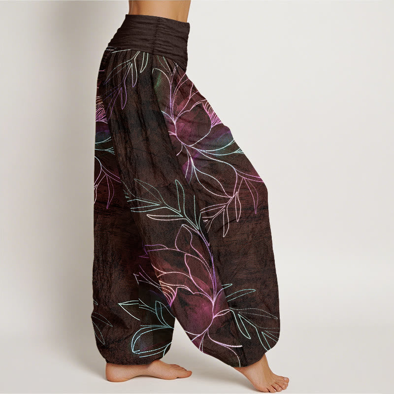 Buddha Stones Cotton Neon Lotus Branches Pattern Women's Elastic Waist Harem Pants - image 6