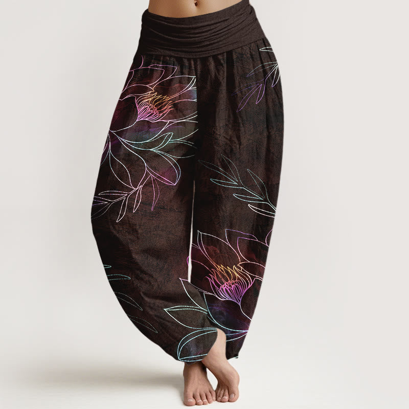 Buddha Stones Cotton Neon Lotus Branches Pattern Women's Elastic Waist Harem Pants - SaddleBrown - US16，UK/AU20，EU48 (3XL) - image 5