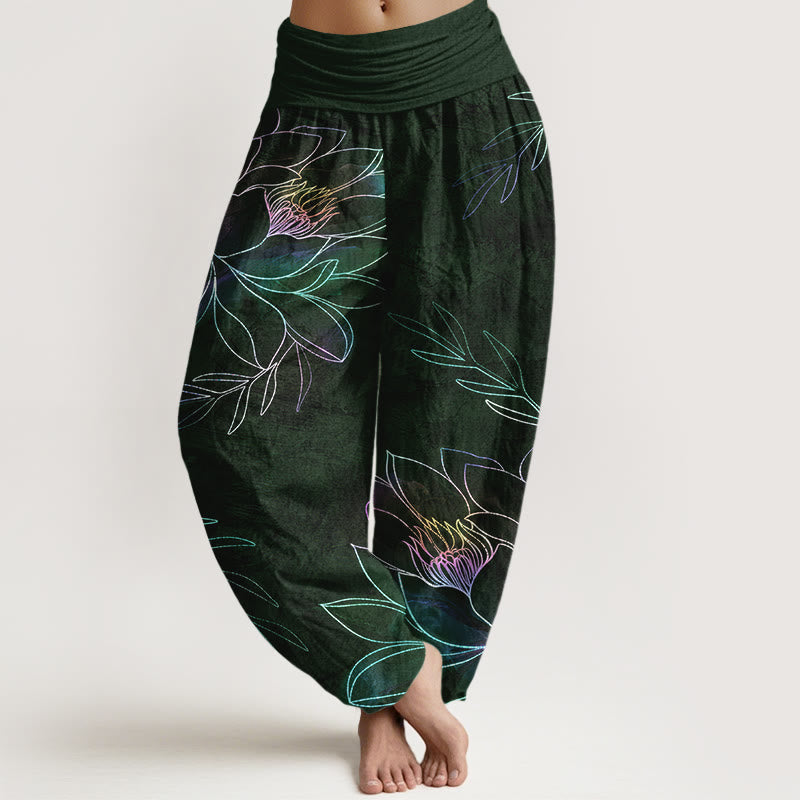 Buddha Stones Cotton Neon Lotus Branches Pattern Women's Elastic Waist Harem Pants - DarkGreen - US16，UK/AU20，EU48 (3XL) - image 8