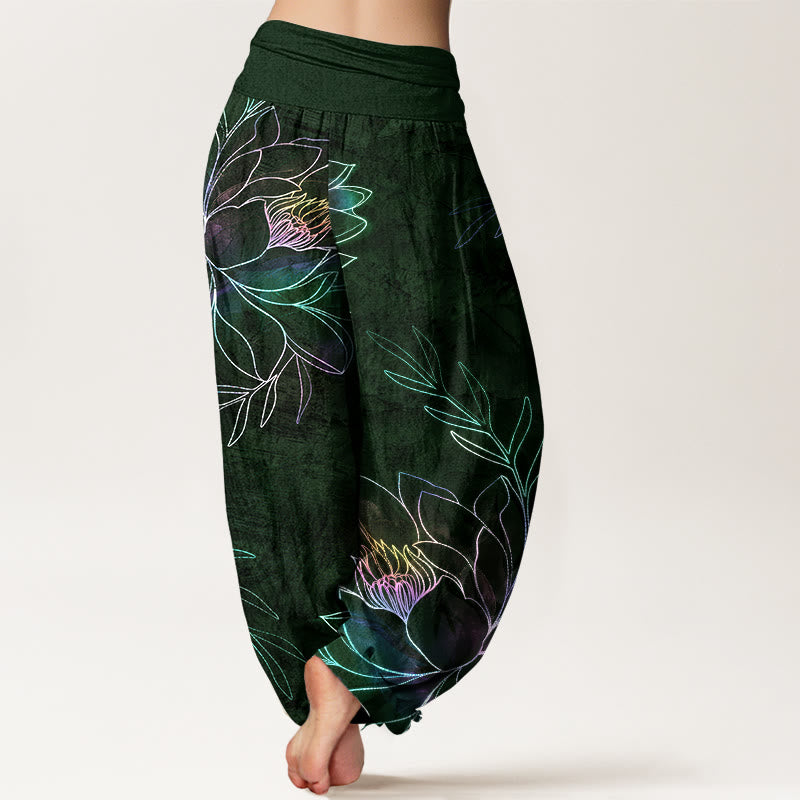 Buddha Stones Cotton Neon Lotus Branches Pattern Women's Elastic Waist Harem Pants - image 10