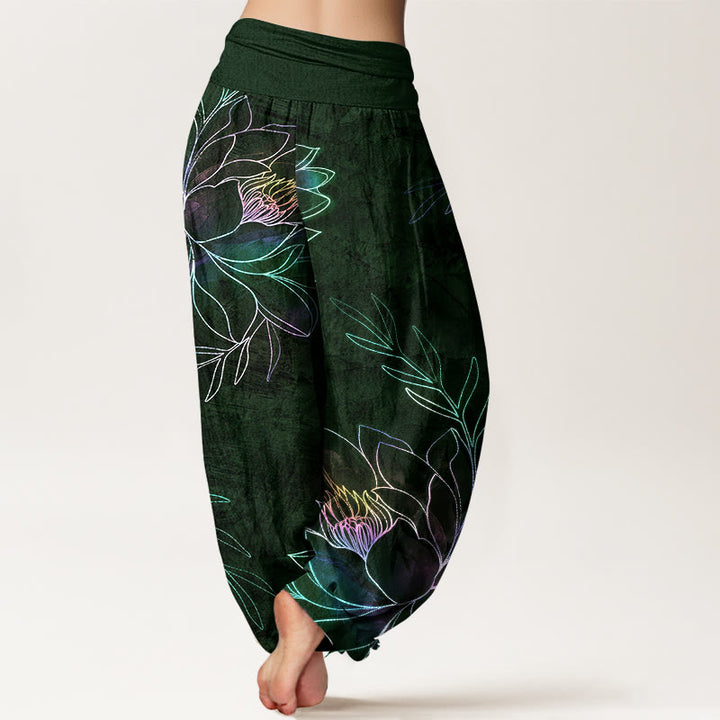 Buddha Stones Cotton Neon Lotus Branches Pattern Women's Elastic Waist Harem Pants - image 10