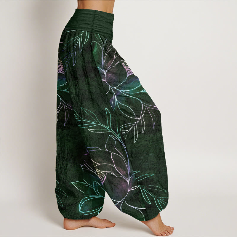 Buddha Stones Cotton Neon Lotus Branches Pattern Women's Elastic Waist Harem Pants - image 9