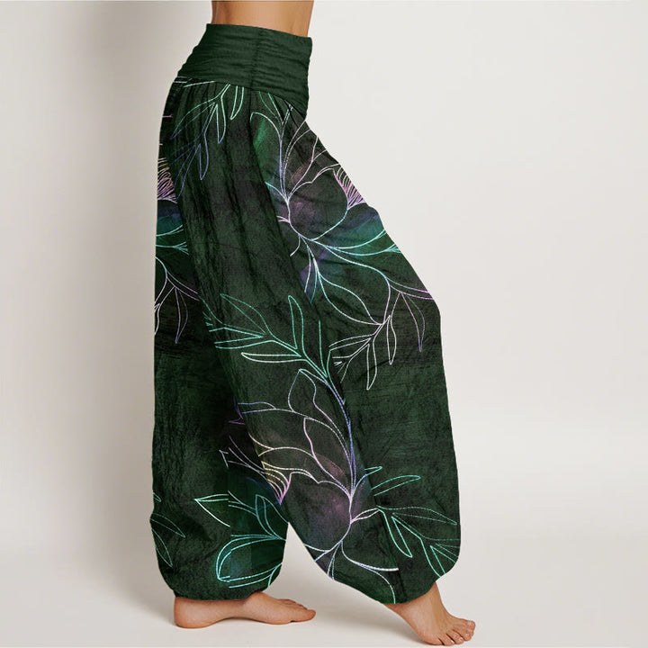 Buddha Stones Cotton Neon Lotus Branches Pattern Women's Elastic Waist Harem Pants - image 9