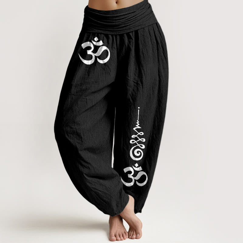 Buddha Stones Cotton Calm OM Energy Lines Pattern Women's Elastic Waist Harem Pants - Black - US16，UK/AU20，EU48 (3XL) - image 0