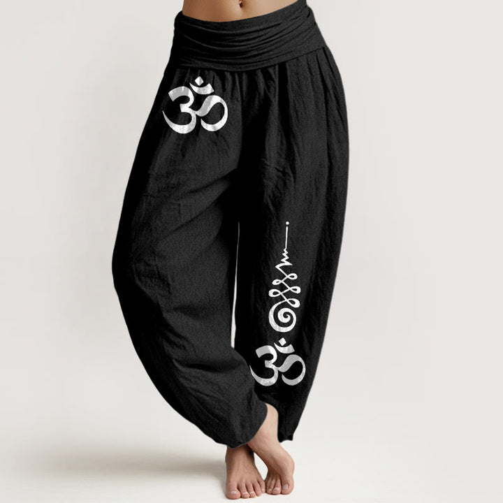 Buddha Stones Cotton Calm OM Energy Lines Pattern Women's Elastic Waist Harem Pants - Black - US16，UK/AU20，EU48 (3XL) - image 0