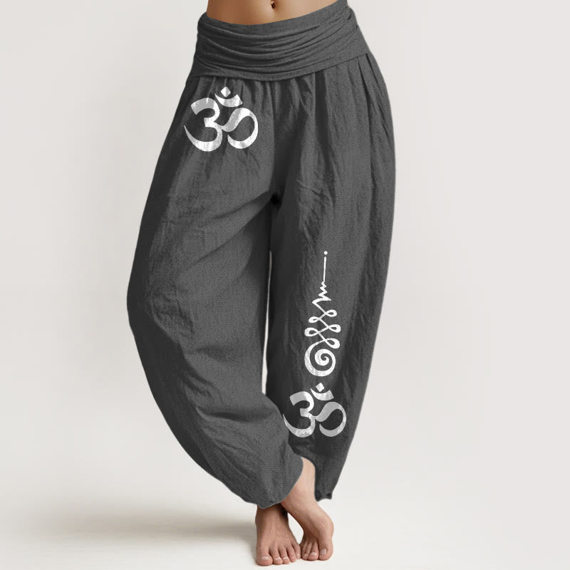 Buddha Stones Cotton Calm OM Energy Lines Pattern Women's Elastic Waist Harem Pants - DimGray - US16，UK/AU20，EU48 (3XL) - image 8