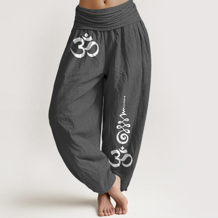 Buddha Stones Cotton Calm OM Energy Lines Pattern Women's Elastic Waist Harem Pants - DimGray - US16，UK/AU20，EU48 (3XL) - image 8
