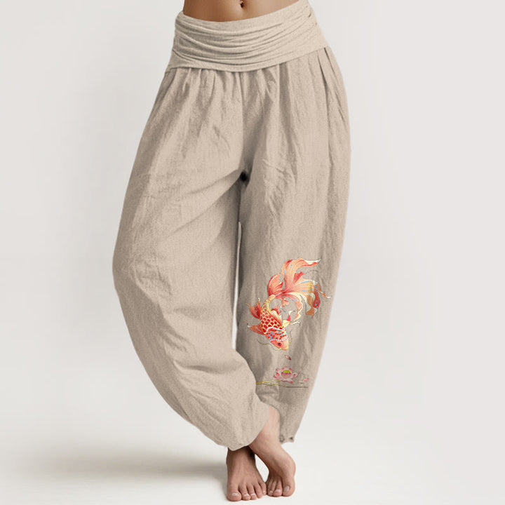 Buddha Stones Cotton Luck Koi Fish Lotus Pattern Women's Elastic Waist Harem Pants - Tan - US16，UK/AU20，EU48 (3XL) - image 11