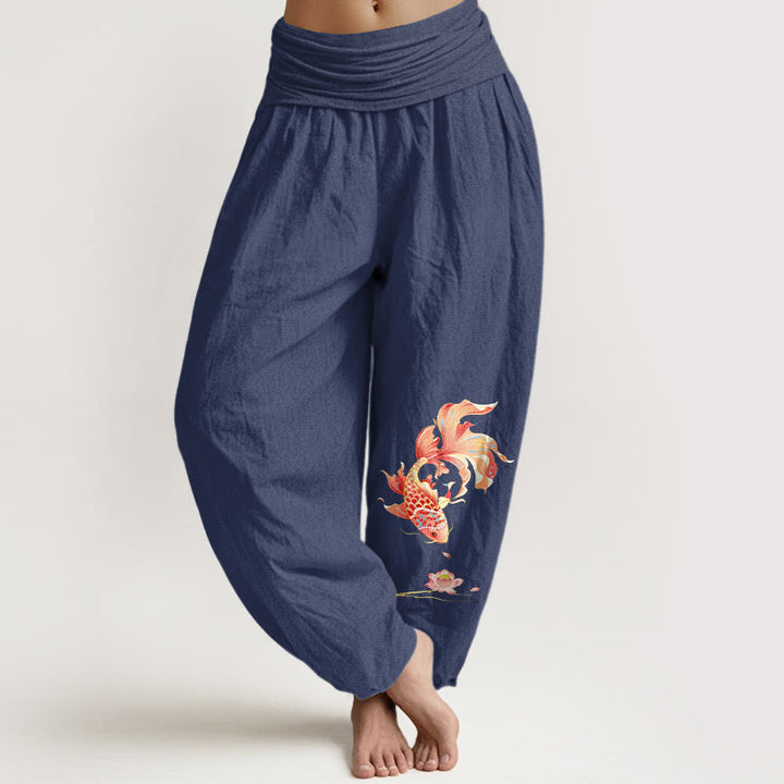 Buddha Stones Cotton Luck Koi Fish Lotus Pattern Women's Elastic Waist Harem Pants - DarkSlateBlue - US16，UK/AU20，EU48 (3XL) - image 5