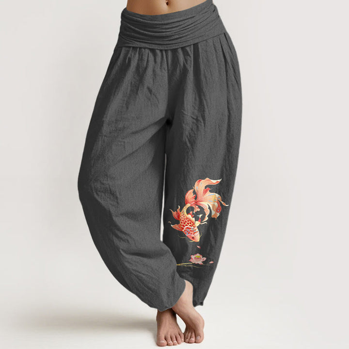 Buddha Stones Cotton Luck Koi Fish Lotus Pattern Women's Elastic Waist Harem Pants - DimGray - US16，UK/AU20，EU48 (3XL) - image 8