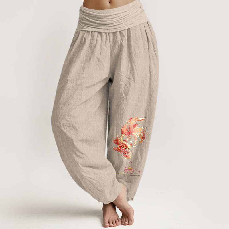 Buddha Stones Cotton Luck Koi Fish Lotus Pattern Women's Elastic Waist Harem Pants - Tan - US16，UK/AU20，EU48 (3XL) - image 11