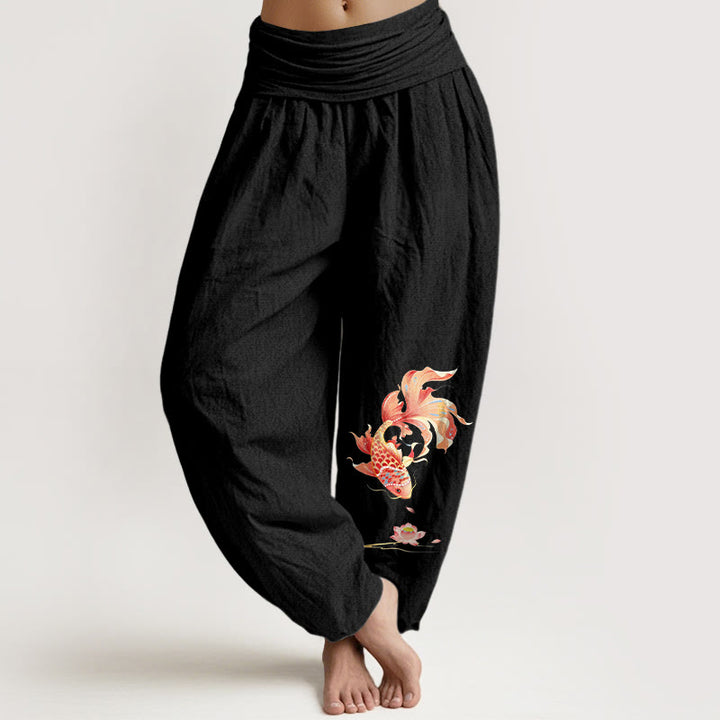 Buddha Stones Cotton Luck Koi Fish Lotus Pattern Women's Elastic Waist Harem Pants - Black - US16，UK/AU20，EU48 (3XL) - image 0