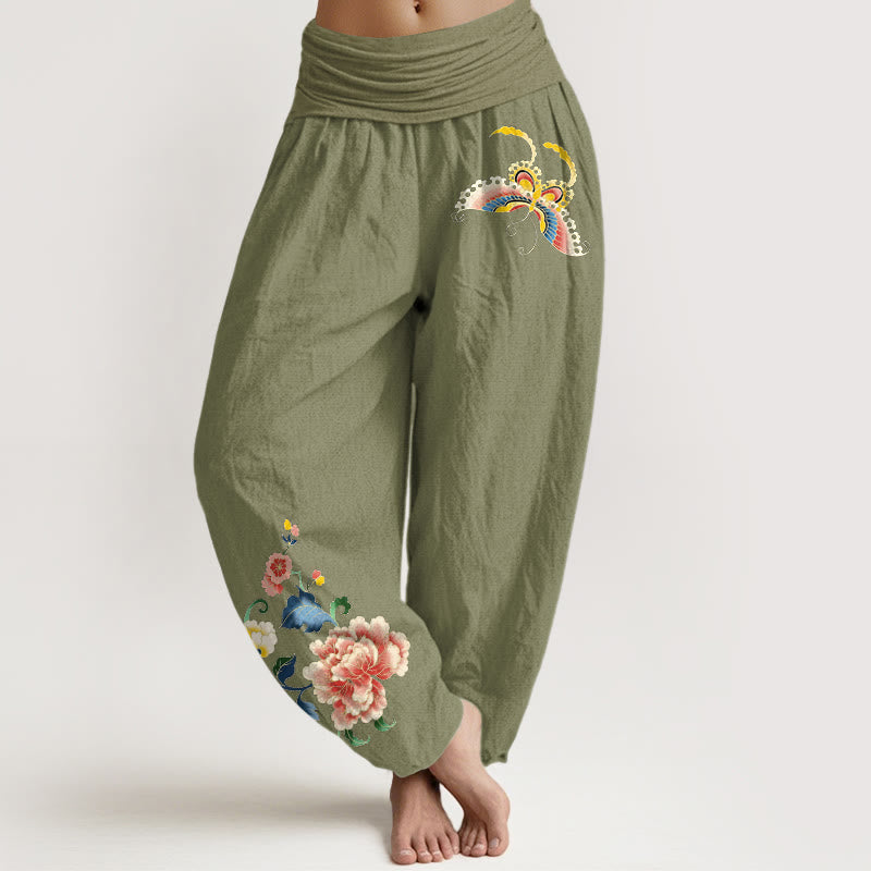 Buddha Stones Cotton Auspicious Peony Flower Butterfly Pattern Women's Elastic Waist Harem Pants - OliveDrab - US16，UK/AU20，EU48 (3XL) - image 0