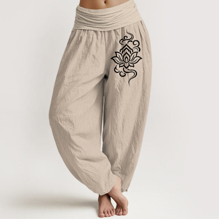 Buddha Stones Cotton Simple Lotus Pattern Women's Elastic Waist Harem Pants - Tan - US16，UK/AU20，EU48 (3XL) - image 0