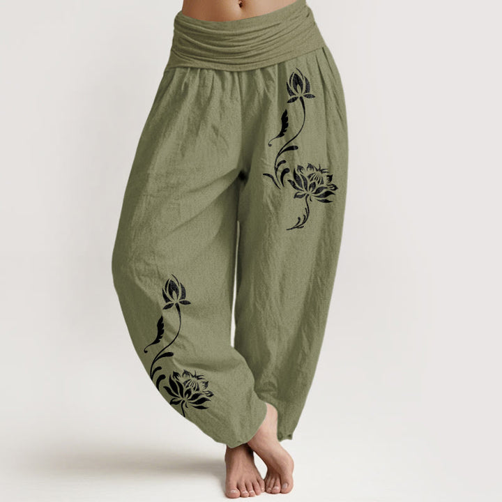 Buddha Stones Cotton Stable Lotus Petals Pattern Women's Elastic Waist Harem Pants - OliveDrab - US16，UK/AU20，EU48 (3XL) - image 14