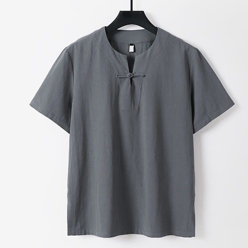 Buddha Stones Solid Color Frog-Button Short Sleeve Notched Collar Men's Cotton Linen T-Shirt - Gray - US/UK/AU56，EU66(9XL) - image 0