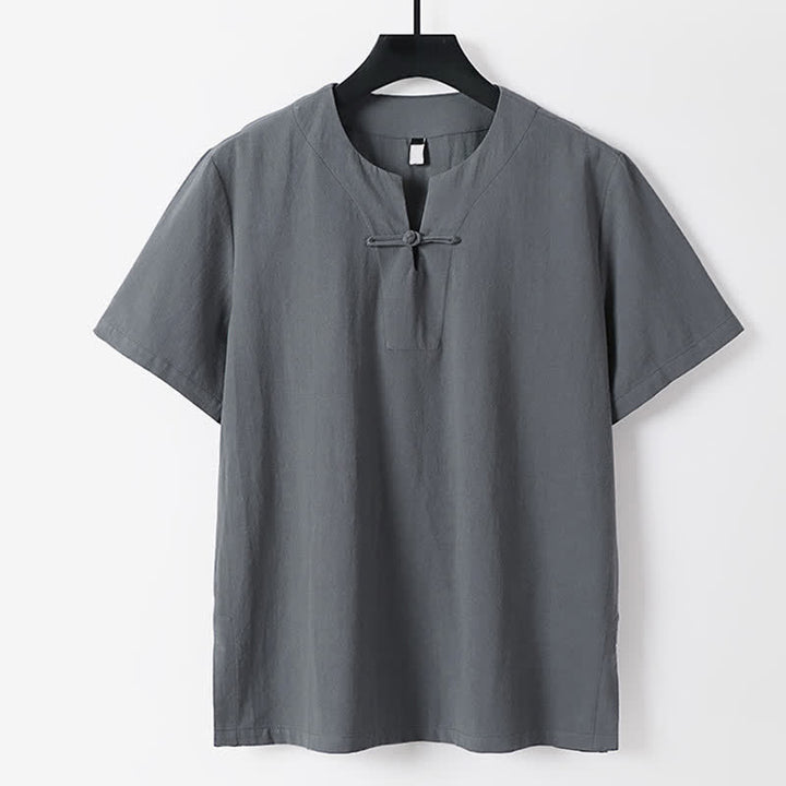 Buddha Stones Solid Color Frog-Button Short Sleeve Notched Collar Men's Cotton Linen T-Shirt - Gray - US/UK/AU56，EU66(9XL) - image 0