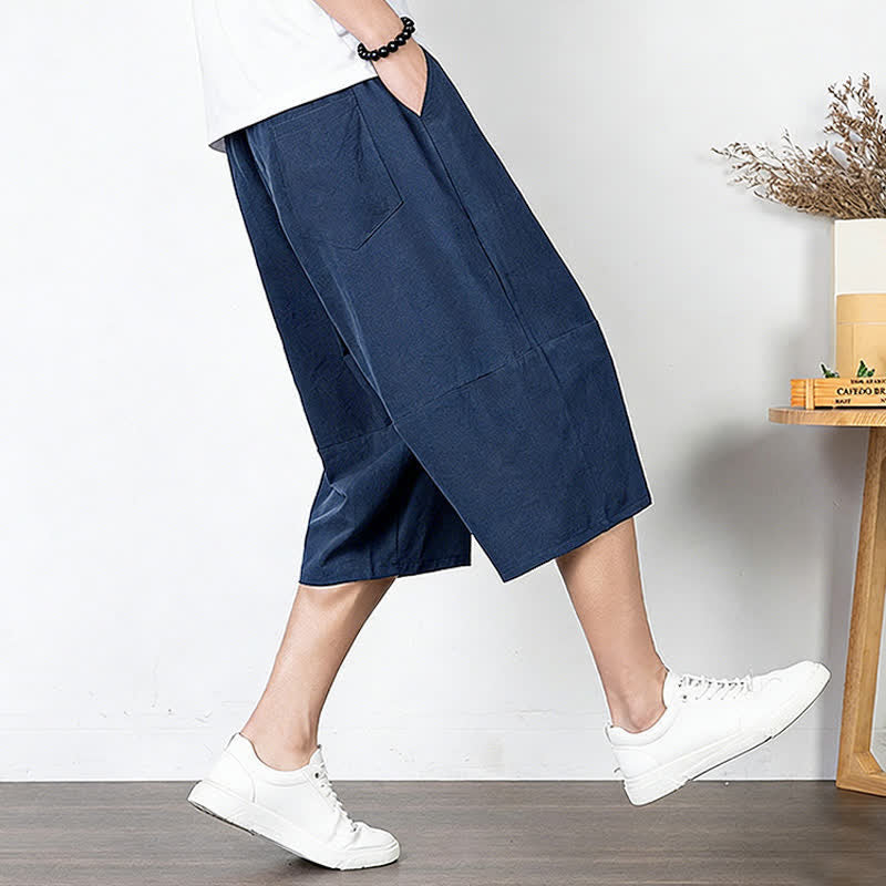 Buddha Stones Plain Drawstring Capri Length Men's Cotton Linen Harem Pants With Pockets - image 18