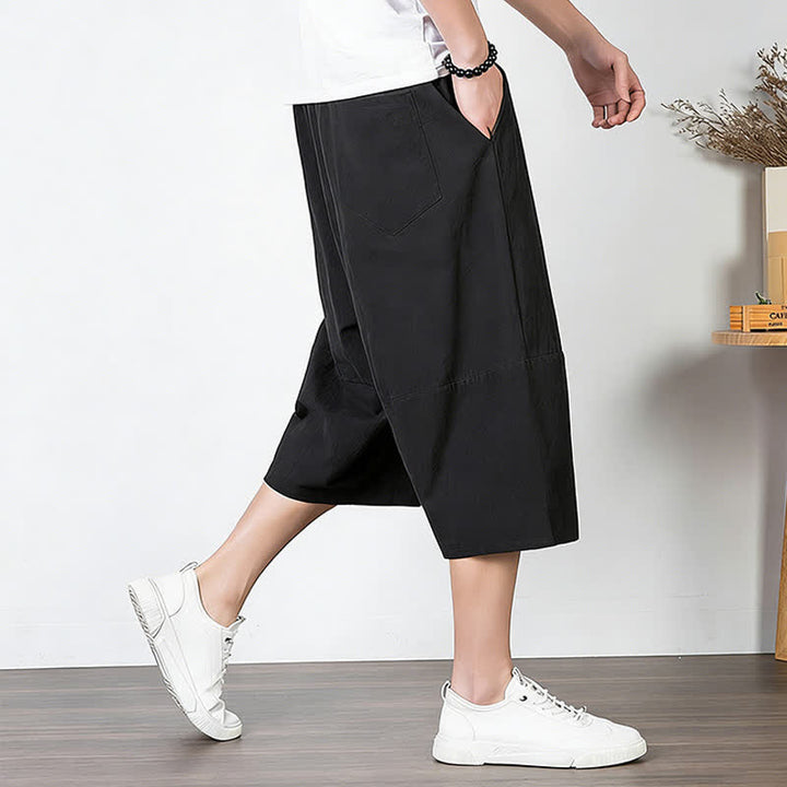 Buddha Stones Plain Drawstring Capri Length Men's Cotton Linen Harem Pants With Pockets - image 11