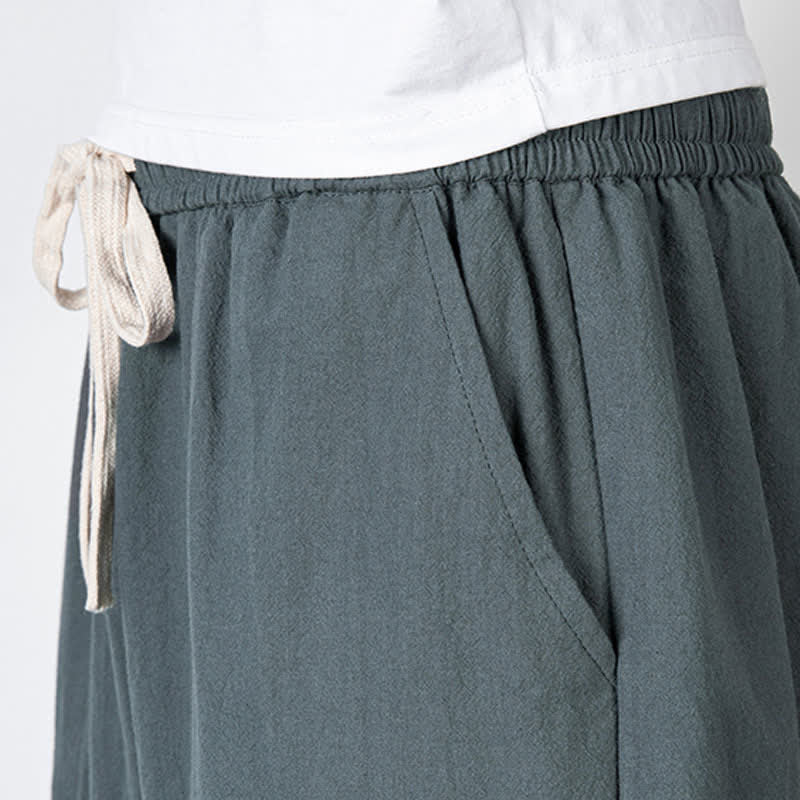 Buddha Stones Plain Drawstring Capri Length Men's Cotton Linen Harem Pants With Pockets - image 3