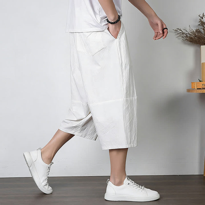 Buddha Stones Plain Drawstring Capri Length Men's Cotton Linen Harem Pants With Pockets - image 7