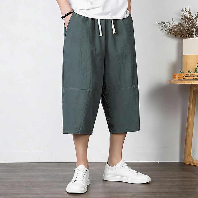 Buddha Stones Plain Drawstring Capri Length Men's Cotton Linen Harem Pants With Pockets - image 1