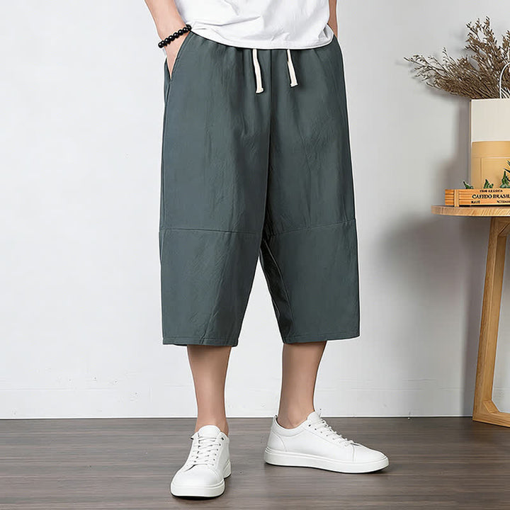 Buddha Stones Plain Drawstring Capri Length Men's Cotton Linen Harem Pants With Pockets - image 1