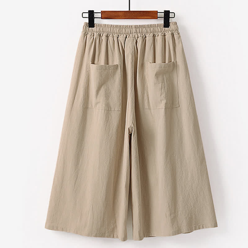 Buddha Stones Summer Embroidery Capri Length Cotton Linen Men's Wide Leg Pants With Pockets - image 5