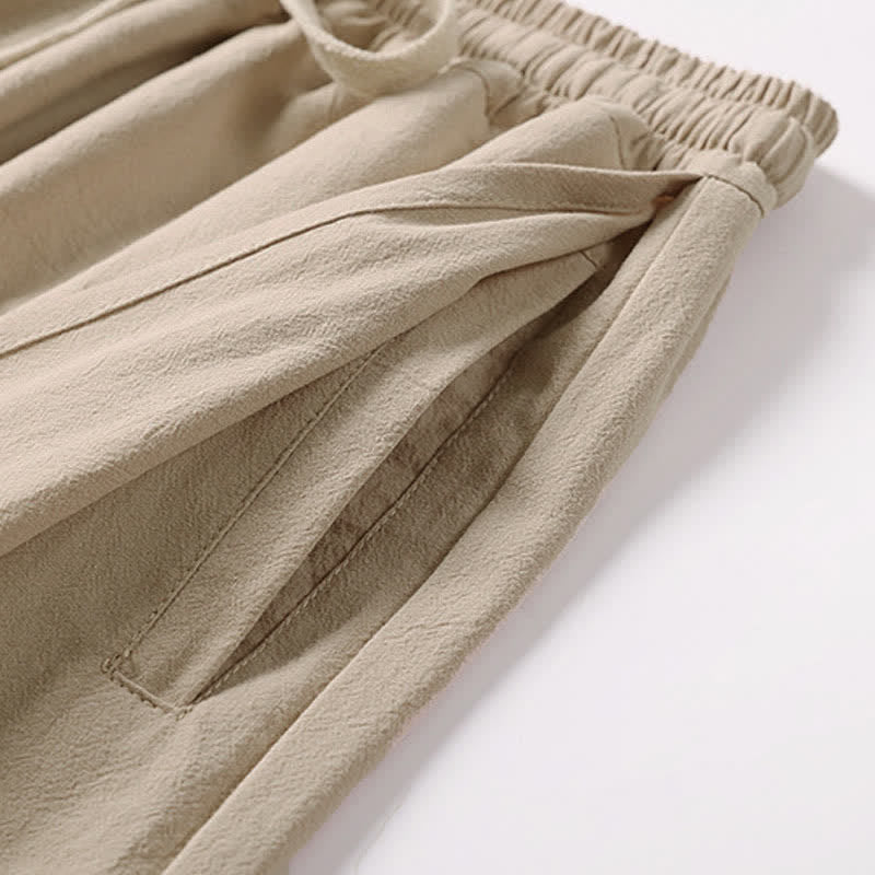 Buddha Stones Summer Embroidery Capri Length Cotton Linen Men's Wide Leg Pants With Pockets - image 8