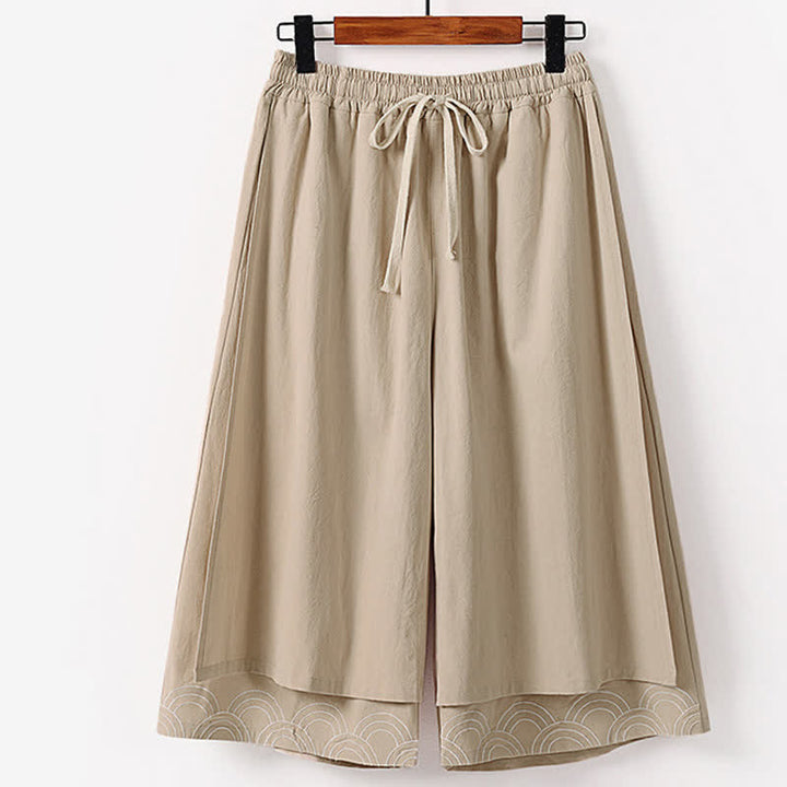 Buddha Stones Summer Embroidery Capri Length Cotton Linen Men's Wide Leg Pants With Pockets - Tan - US/UK/AU50，EU60 (7XL) - image 4