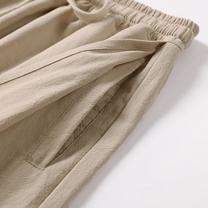 Buddha Stones Summer Embroidery Capri Length Cotton Linen Men's Wide Leg Pants With Pockets - image 8