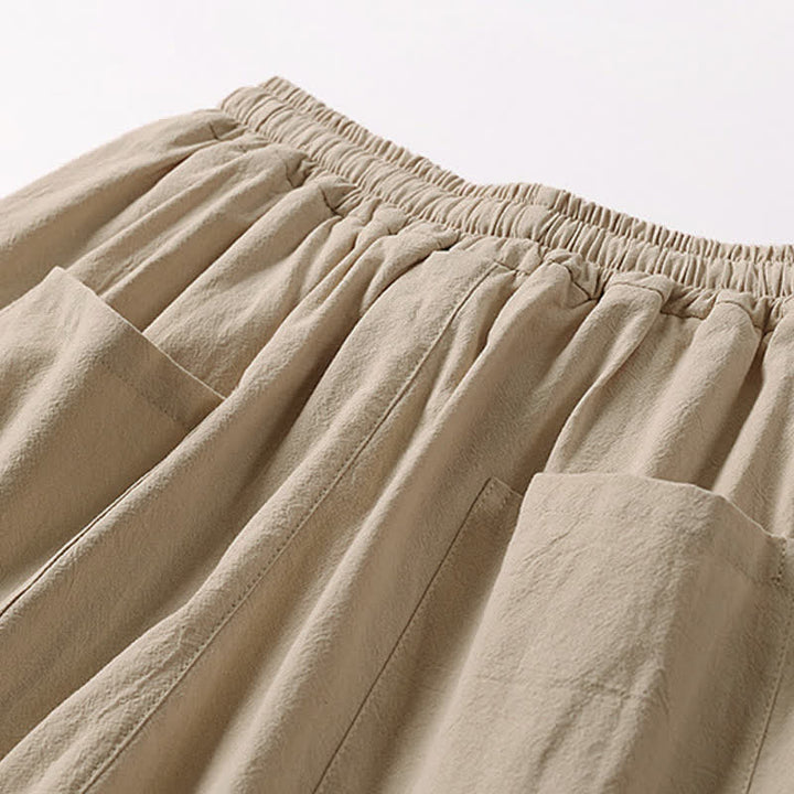 Buddha Stones Summer Embroidery Capri Length Cotton Linen Men's Wide Leg Pants With Pockets - image 7