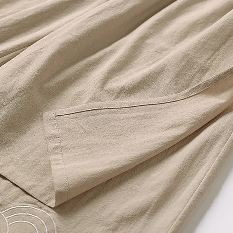 Buddha Stones Summer Embroidery Capri Length Cotton Linen Men's Wide Leg Pants With Pockets - image 11