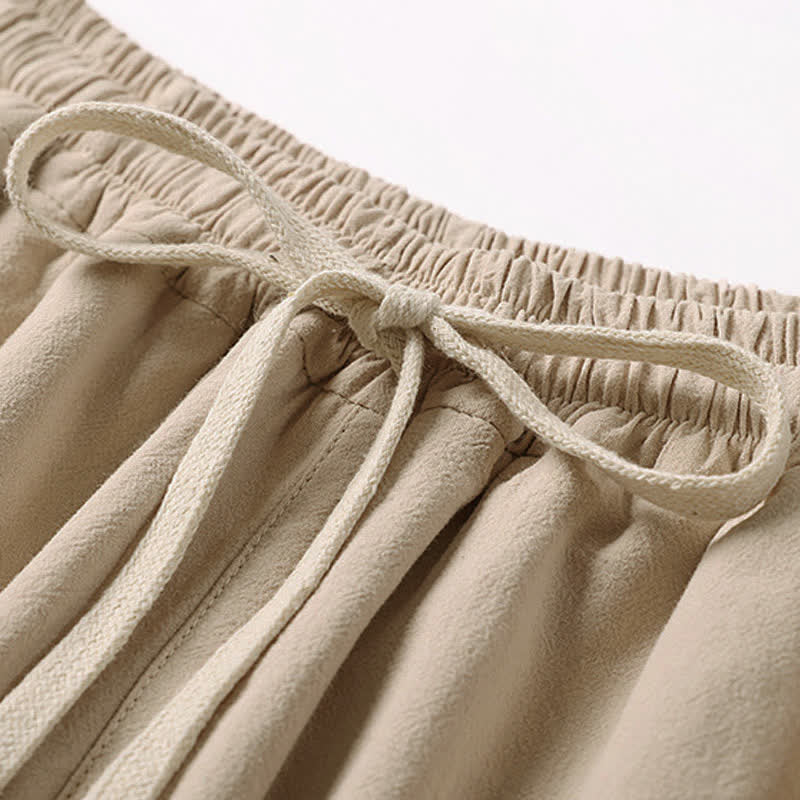 Buddha Stones Summer Embroidery Capri Length Cotton Linen Men's Wide Leg Pants With Pockets - image 6