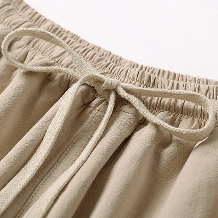 Buddha Stones Summer Embroidery Capri Length Cotton Linen Men's Wide Leg Pants With Pockets - image 6