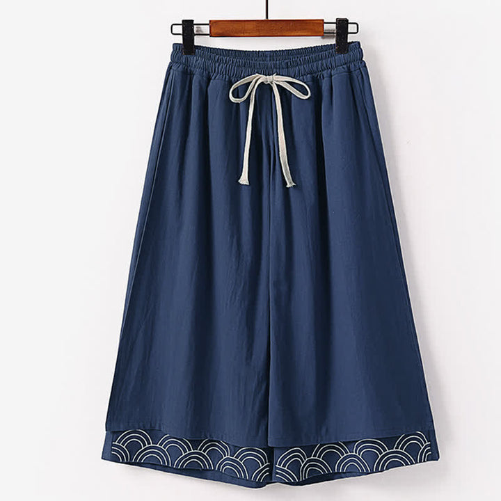 Buddha Stones Summer Embroidery Capri Length Cotton Linen Men's Wide Leg Pants With Pockets - Navy - US/UK/AU50，EU60 (7XL) - image 0