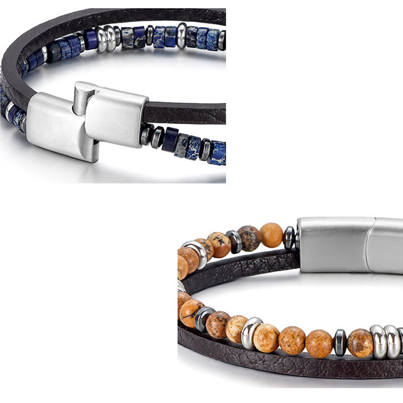 Buddha Stones Lapis Lazuli Tiger Eye Bead Balance Leather Bracelet - image 12