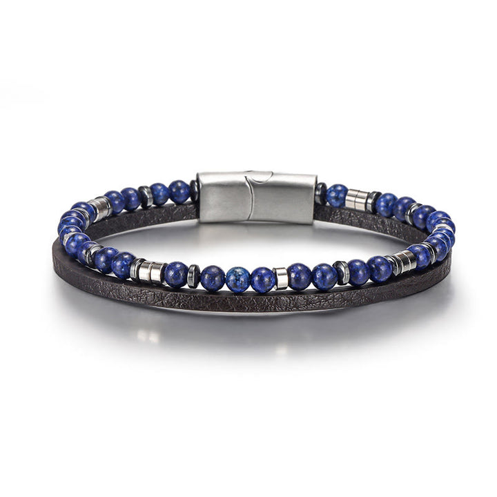 Buddha Stones Lapis Lazuli Tiger Eye Bead Balance Leather Bracelet - Lapis Lazuli(Wrist Circumference: 18-19cm) - Round Beads Flat Spacer Beads - image 2