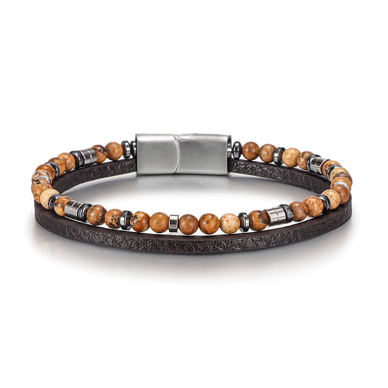 Buddha Stones Lapis Lazuli Tiger Eye Bead Balance Leather Bracelet - Tiger Eye(Wrist Circumference: 18-19cm) - Round Beads Flat Spacer Beads - image 7